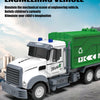 A remote control engineering vehicle simulating a green sanitation truck driving on a road.