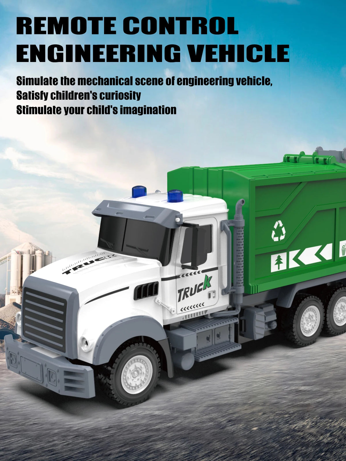 A remote control engineering vehicle simulating a green sanitation truck driving on a road.