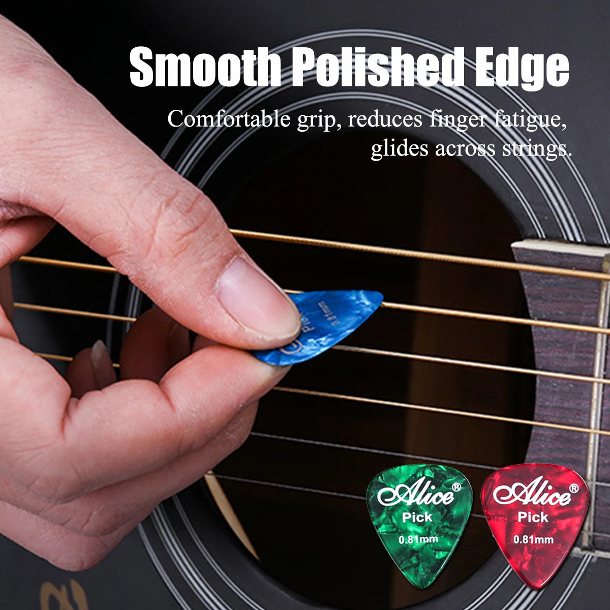 A hand is shown placing a blue guitar pick onto the fretboard of a stringed instrument.