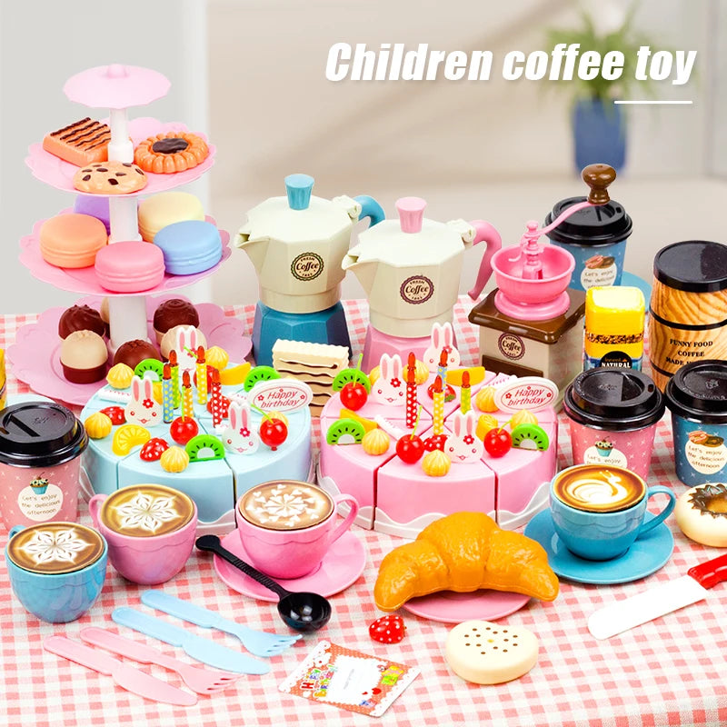 A colorful pretend play tea party set featuring coffee, cake, and food items for children.