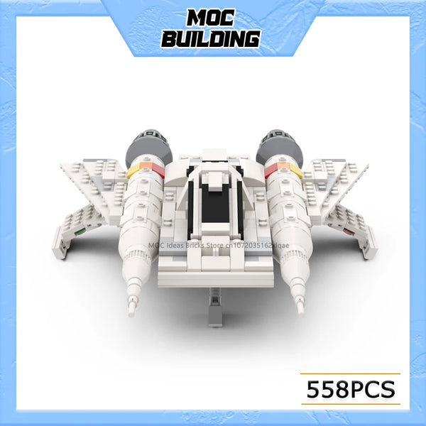 Ein weißes Starfighter-Modellbausatz aus 558 LEGO-Steinen.