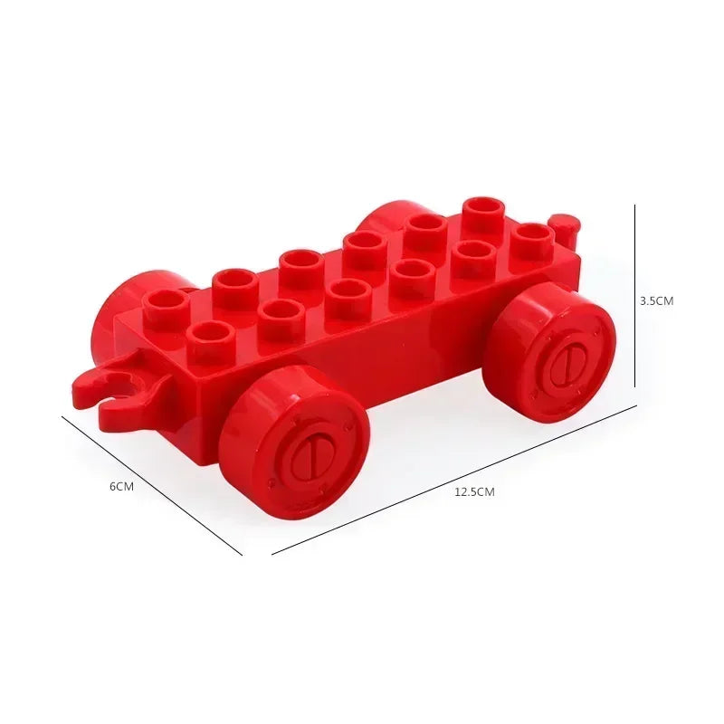 Red plastic building blocks shaped like a traffic vehicle with trucks and buses.