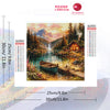 Diamond painting kit featuring a mountain landscape scene with trees, water, and a wooden house.