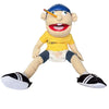 A soft plush toy of Jeffy featuring a blue cap, yellow shirt, and black and white sneakers.
