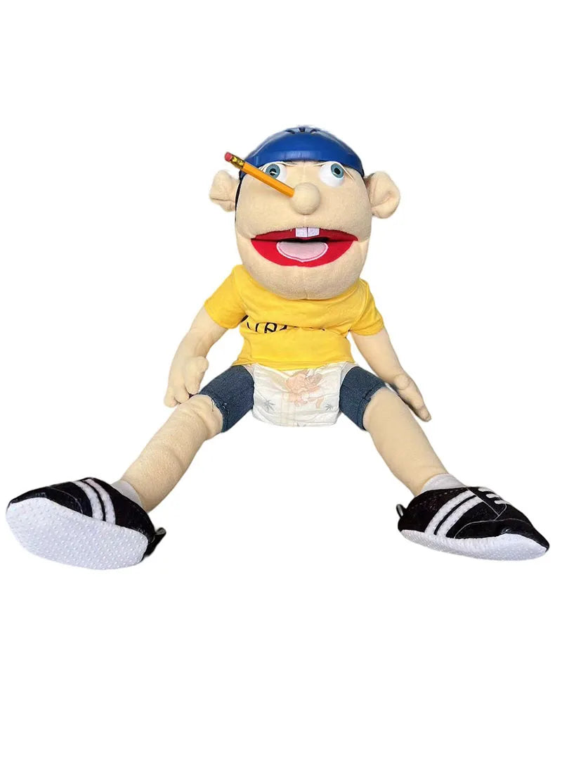 A soft plush toy of Jeffy featuring a blue cap, yellow shirt, and black and white sneakers.