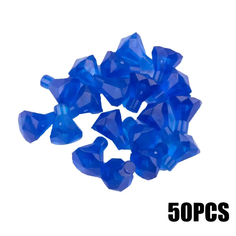 A pile of bright blue transparent building block treasure chest pieces.