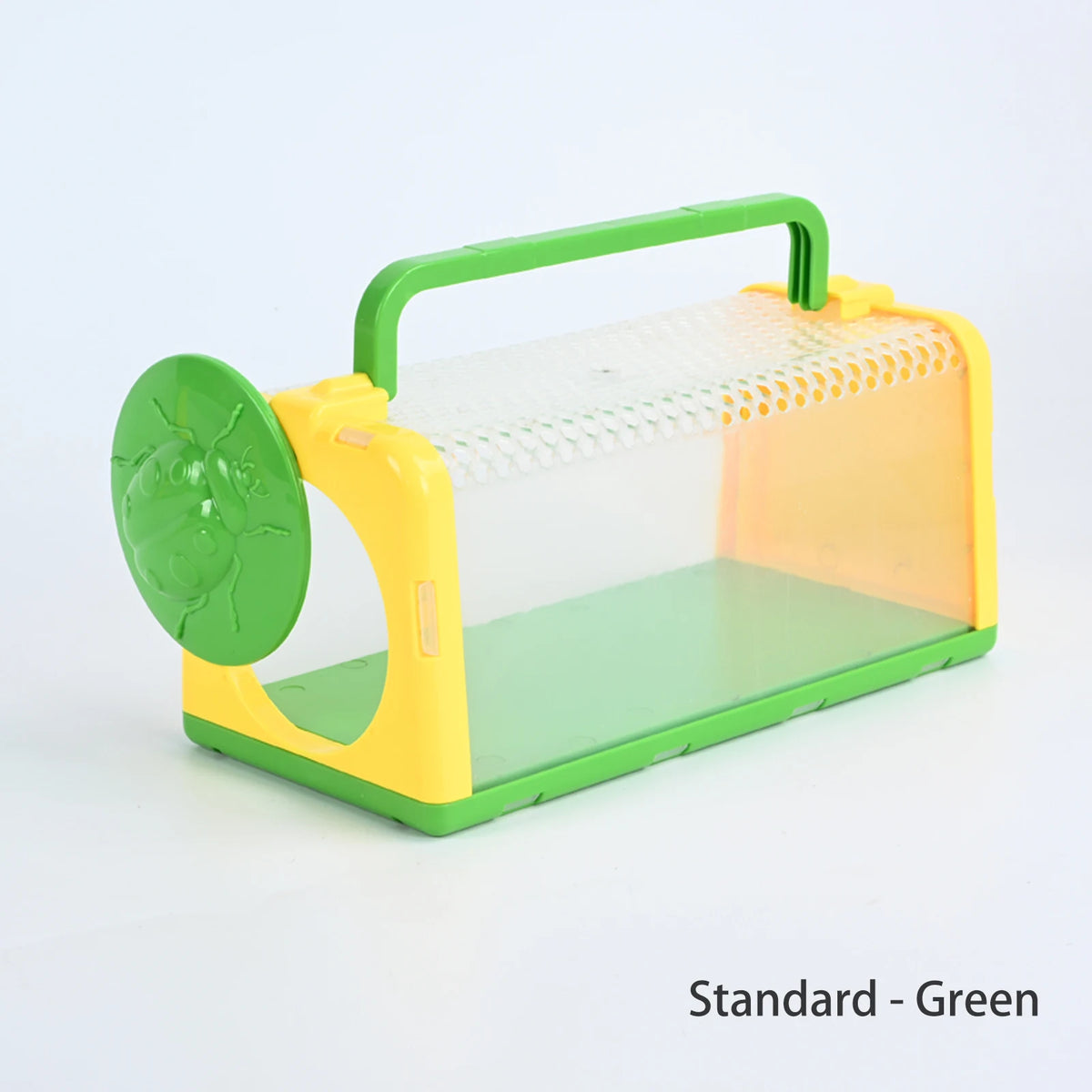 A standard green plastic insect catcher and observation cage with a yellow frame and a green spinning wheel.