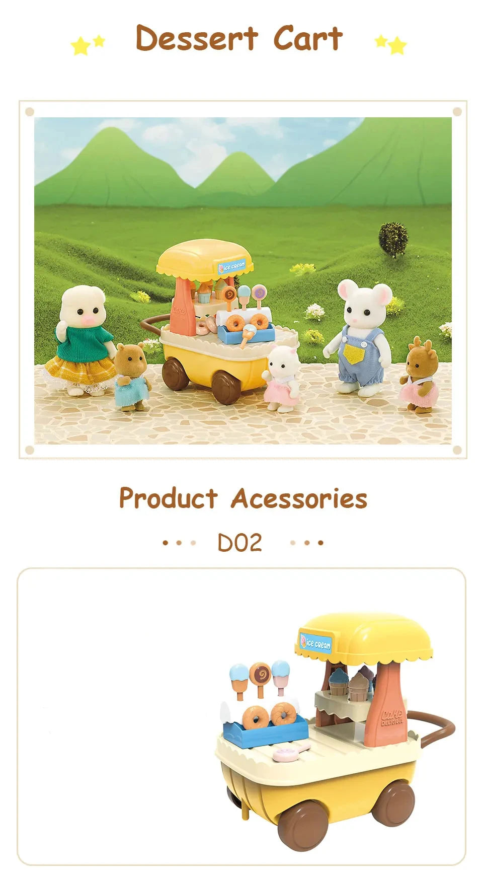 A yellow dessert cart miniature set featuring various food items and doll figures in a grassy landscape.
