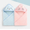 A pair of adorable hooded animal bath towels, one blue dog and one pink cat, for babies and toddlers.