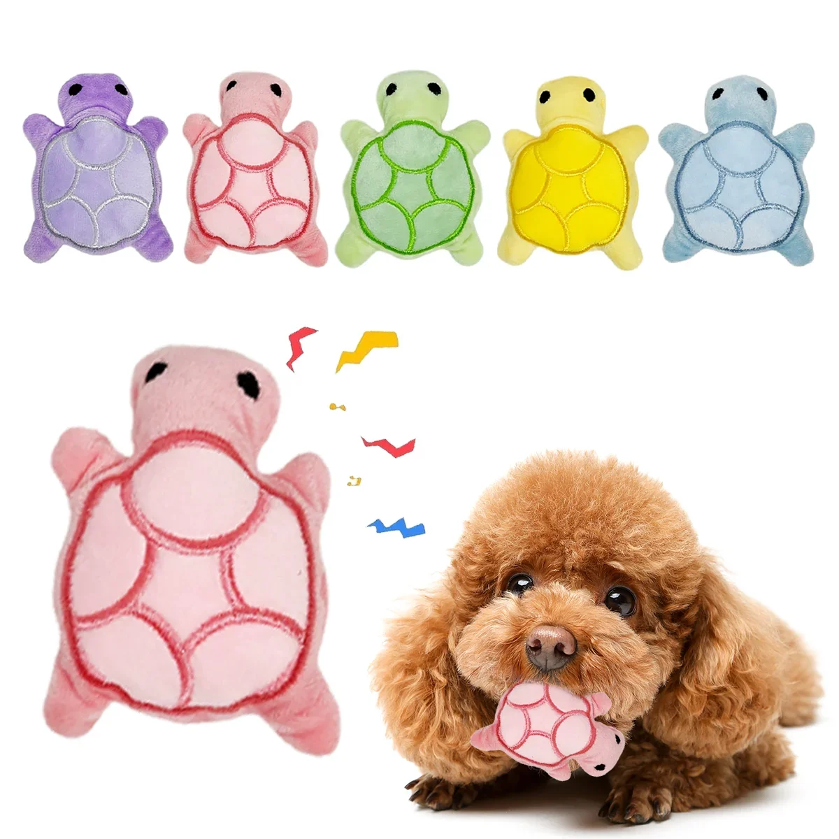 A set of colorful mini turtle plush chew toys for puppies, including purple, pink, green, yellow, and blue varieties.