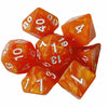 A set of seven polyhedral dice in various orange and translucent colors.