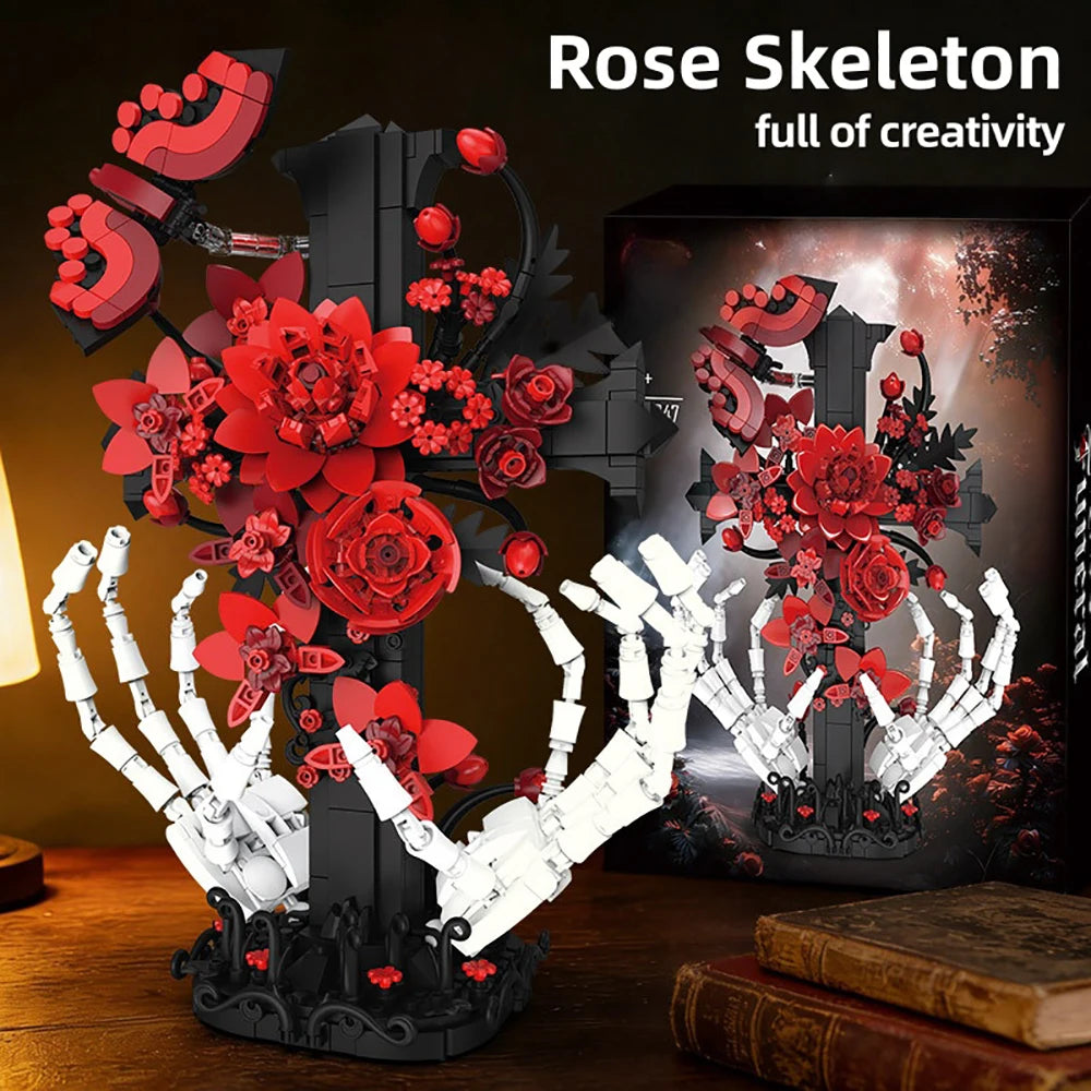 A dark skeleton hand and rose cross building set featuring red roses and white skeletal hands.