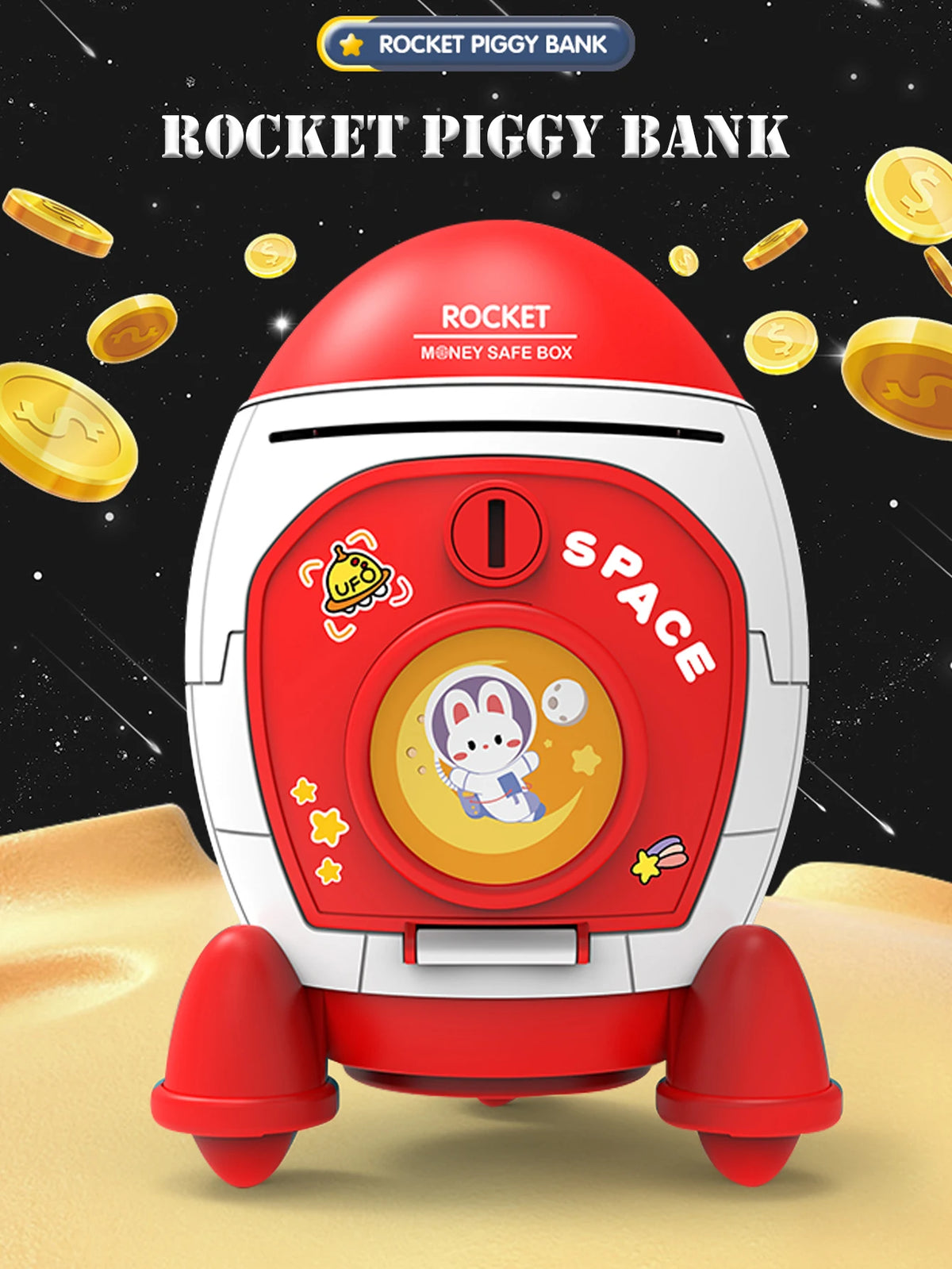 A red and white rocket shaped piggy bank with a key lock is shown on a sandy surface surrounded by gold coins.