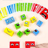 A collection of colorful wooden cubes and cards used in a face-changing puzzle game for kids.