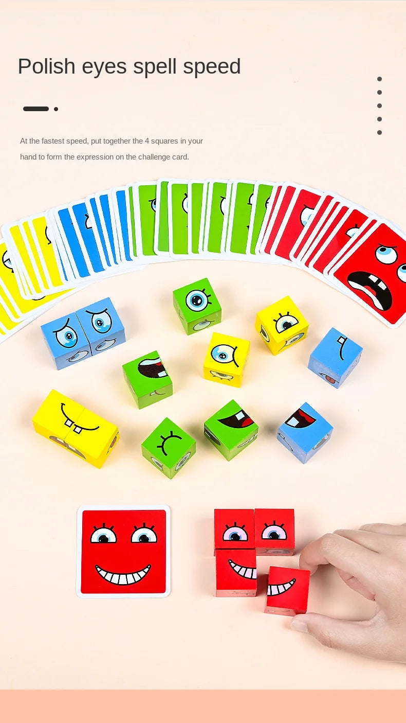 A collection of colorful wooden cubes and cards used in a face-changing puzzle game for kids.