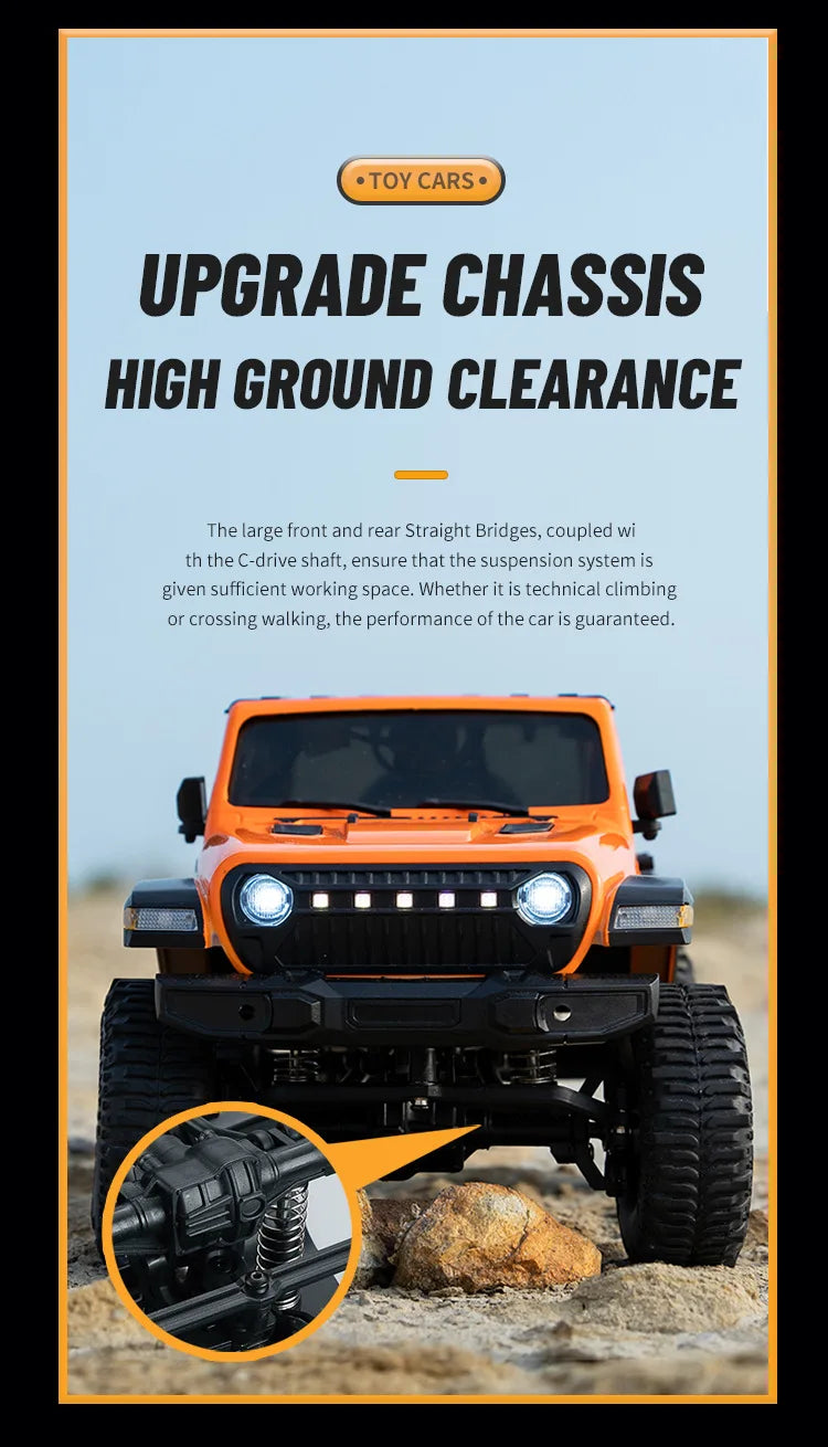 Orange 1:18 scale 4WD RC Jeep demonstrating upgraded chassis high ground clearance on sand.