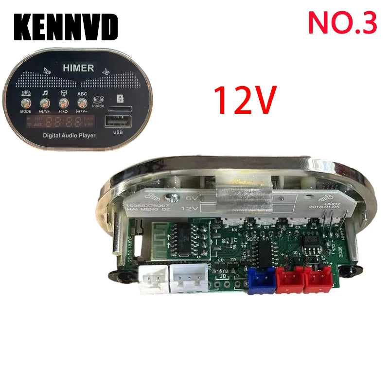 A circuit board module for a 12V music player with an LED voltage display and various input/output ports.