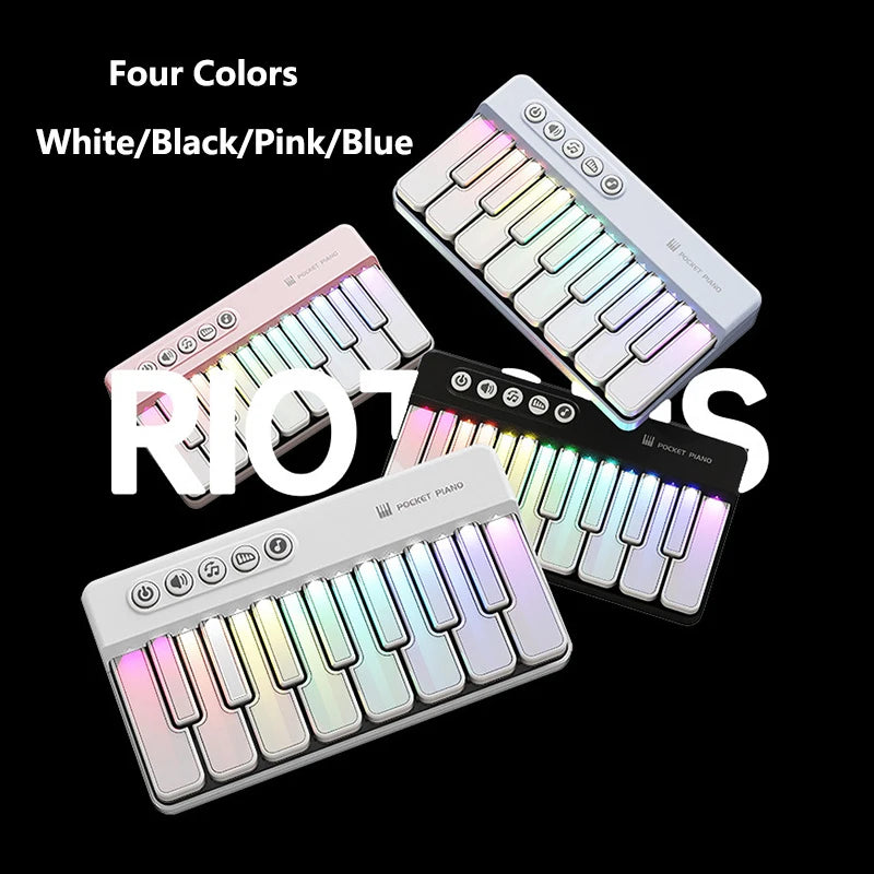Four colors of the Kids Colorful LED Mini Piano with 15 keys shown in white, black, pink, and blue.
