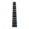 A black and blue violin fretboard note sticker showing the notes A through F