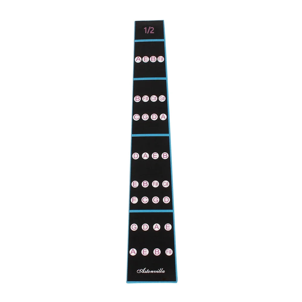 A black and blue violin fretboard note sticker showing the notes A through F