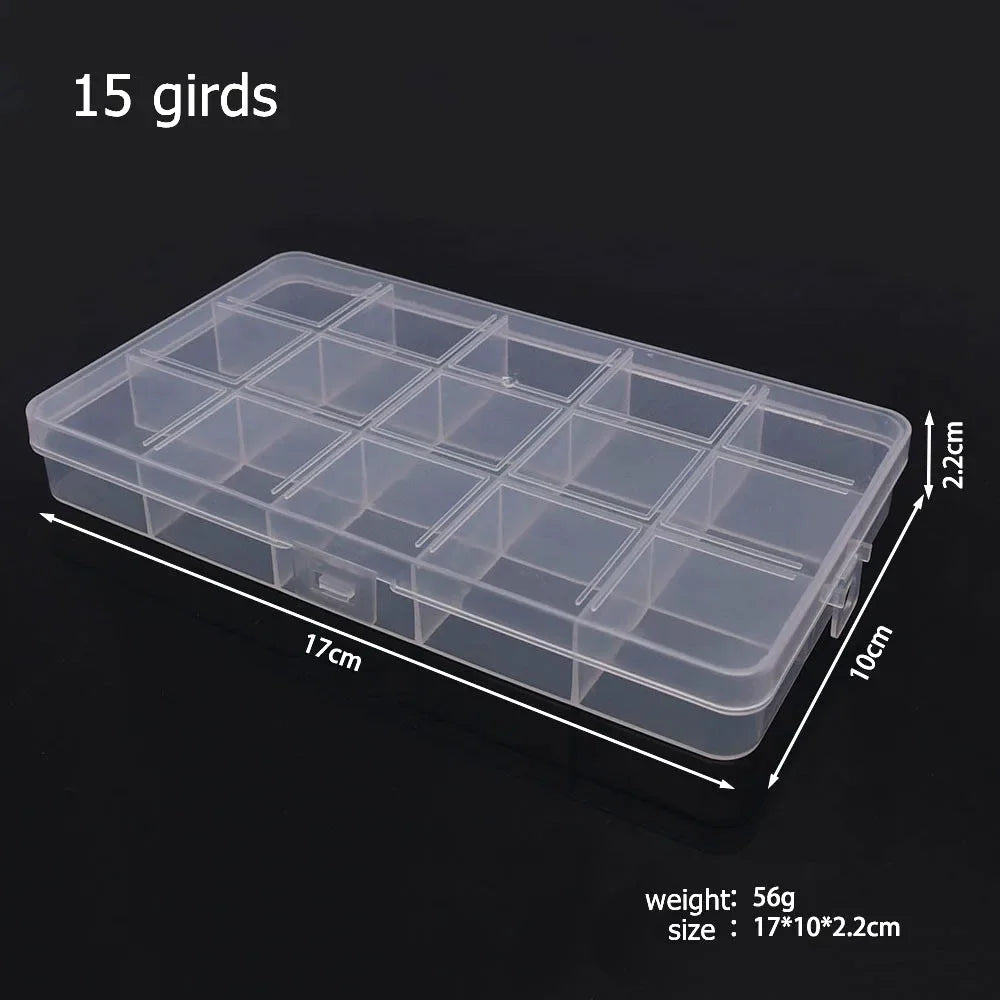 A clear plastic storage box with 15 compartments and dividers for jewelry or craft supplies.