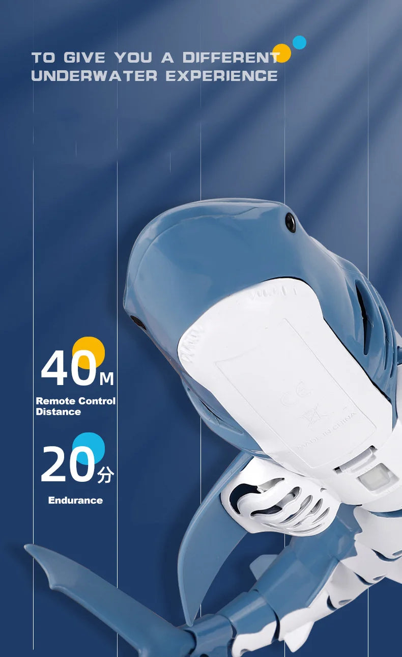 A blue remote control shark toy is shown, highlighting its 40M remote control distance and 20 minutes of endurance.