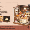 A DIY miniature baking kitchen dollhouse kit featuring wooden furniture and accessories.