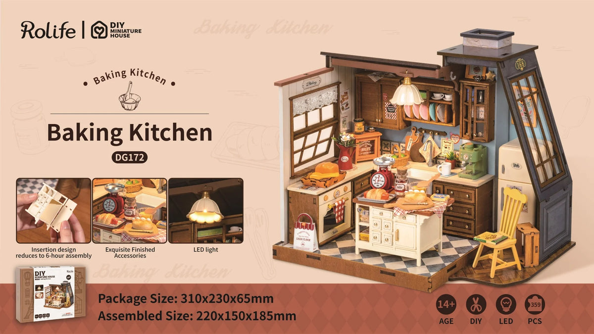 A DIY miniature baking kitchen dollhouse kit featuring wooden furniture and accessories.