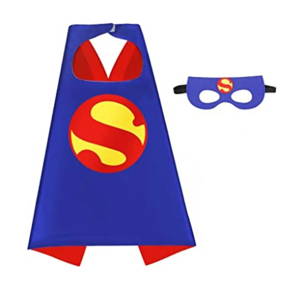 A blue superhero cape and mask set for dress-up fun featuring a red and yellow logo.