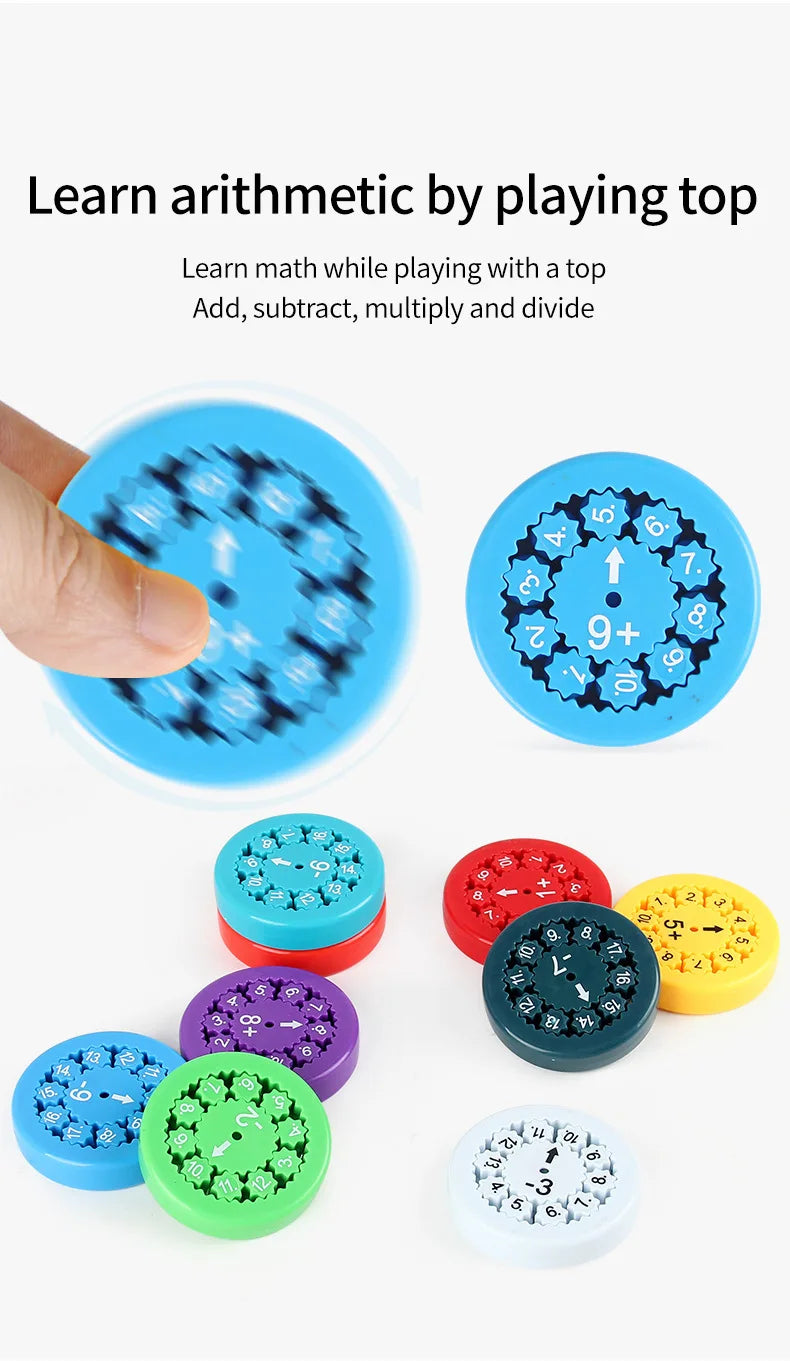 A hand is holding a blue math fidget spinner toy with various colored spinners and educational numbers.