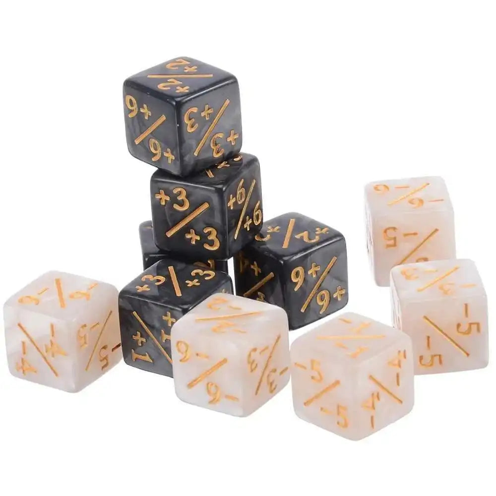 A set of ten dual-color dice showing positive and negative numbers for counting
