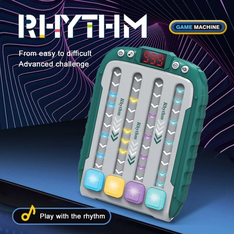 A green light-up rhythm game machine with multiple vertical tracks and a digital display showing 999.