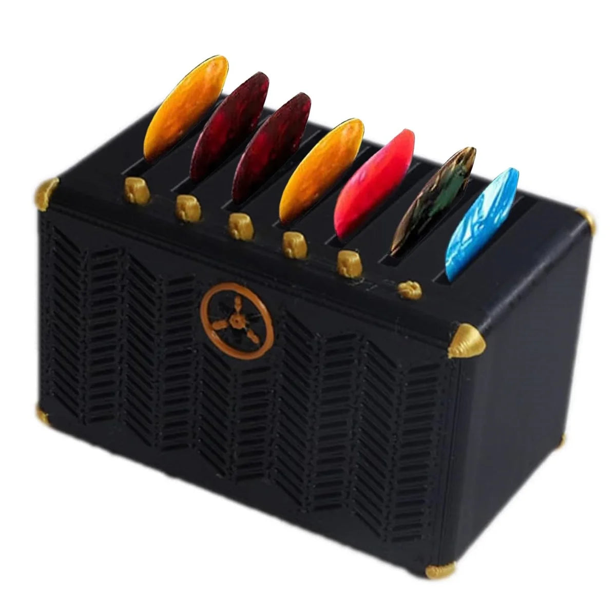 A black guitar pick holder with slots filled with various colored picks.