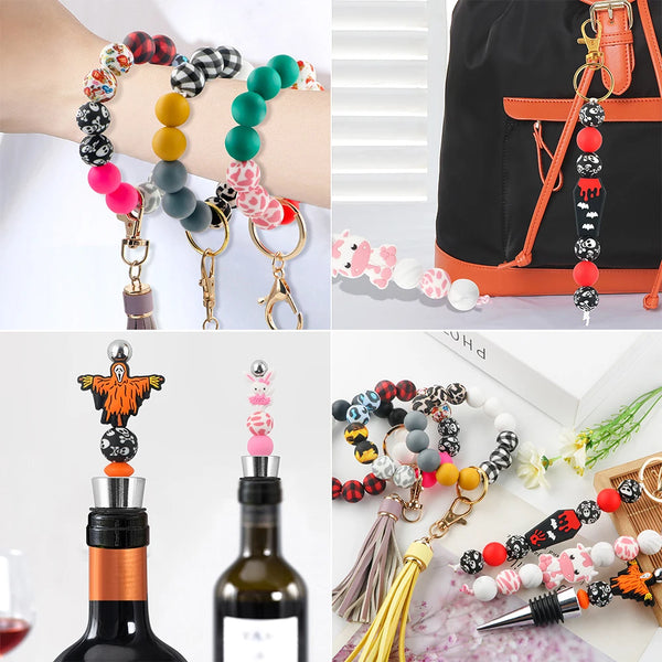 Assortment of round silicone beads in various colors and patterns for DIY jewelry making.