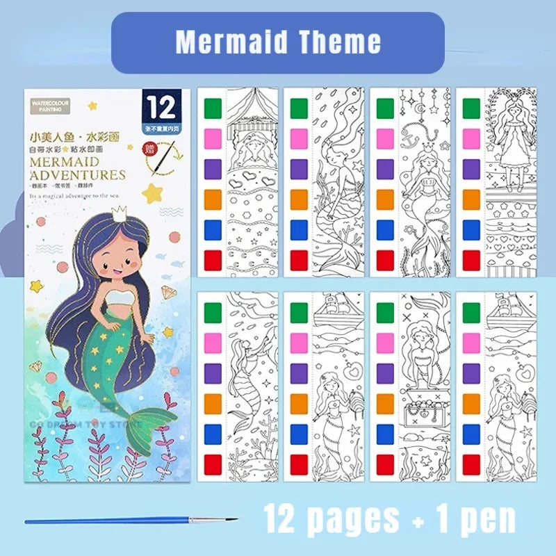 A set of 12 pages of mermaid themed watercolor painting adventures for kids with a pen