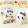 A white ghost squishy toy is shown next to its packaging and Chinese text promoting the product.