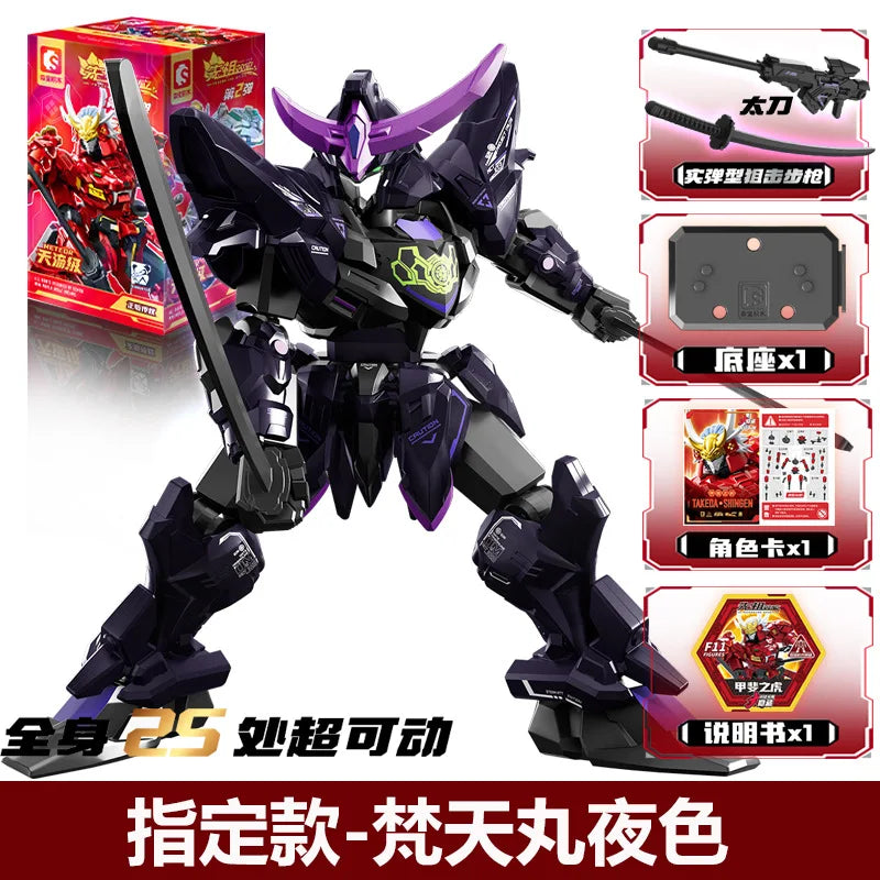 A purple and black model kit of a Kai Tiger Lake Knight mech figure with accessories and building parts.