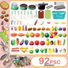 A collection of 92 plastic pretend play kitchen items including fruits, vegetables, and cookware for kids