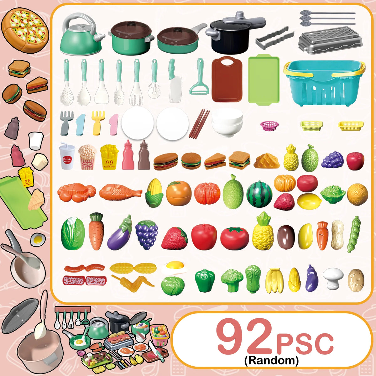 A collection of 92 plastic pretend play kitchen items including fruits, vegetables, and cookware for kids