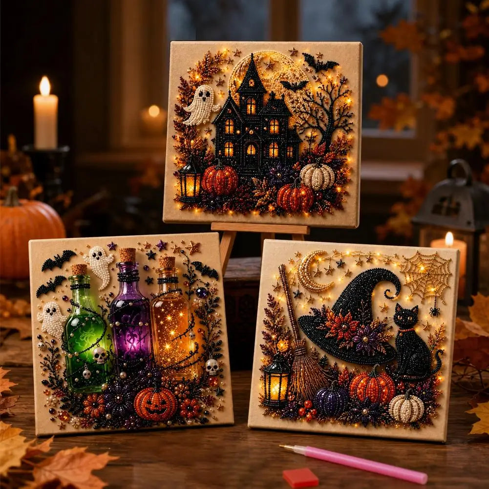 A DIY diamond painting kit featuring Halloween ghost and pumpkin designs on a wooden board.