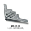 A 1:200 scale model kit of an B-2 stealth fighter aircraft built from gray plastic parts.