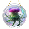 Round acrylic window hanging featuring a purple Scottish thistle flower design.