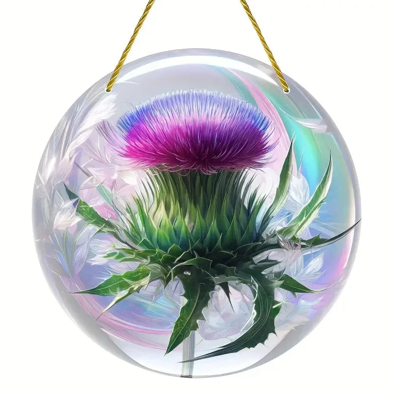 Round acrylic window hanging featuring a purple Scottish thistle flower design.