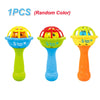 One piece of a soft baby grasping ball rattle with bell in various colors.