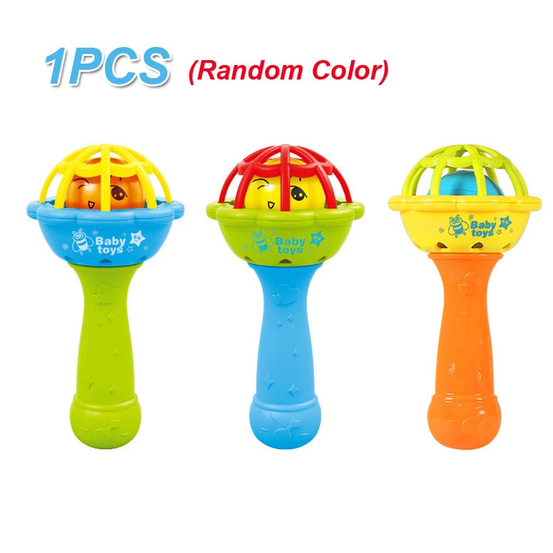 One piece of a soft baby grasping ball rattle with bell in various colors.