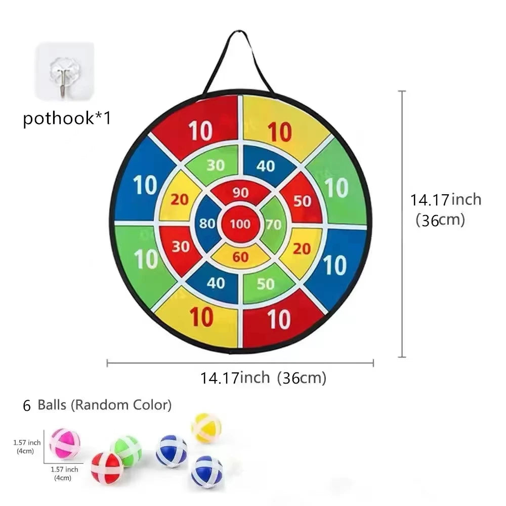 A circular dartboard with numbered sections and a hanging mechanism, shown next to six colored balls.