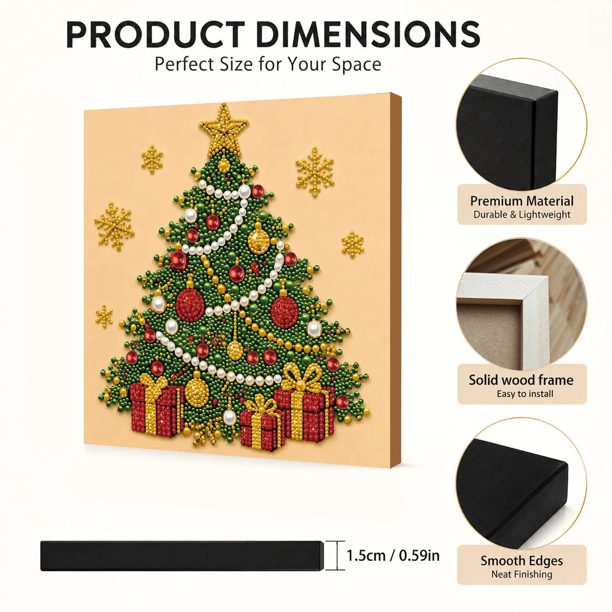 Framed Christmas tree art featuring green and gold elements on a light background with dimension guides.