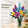 A DIY flower bouquet made of colorful plastic building blocks with various flowers and greenery.