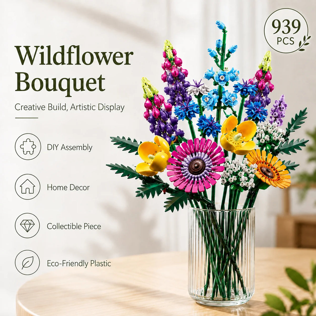 A DIY flower bouquet made of colorful plastic building blocks with various flowers and greenery.