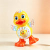 A yellow, interactive dancing duck robot toy with colorful lights and music.